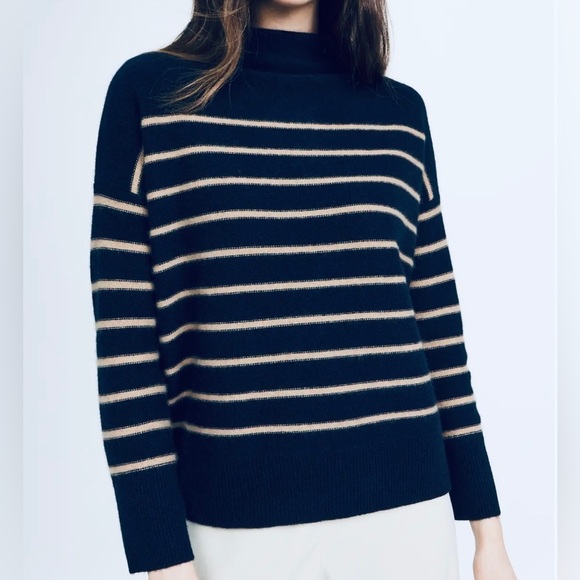 Magaschoni mock neck 100% cashmere stripe sweater in navy - Picture 1 of 10